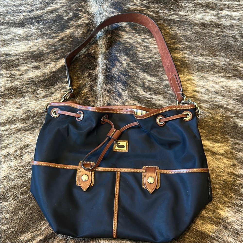 Dooney & Bourke Black and Brown Shoulder Bag with Gold Hardware